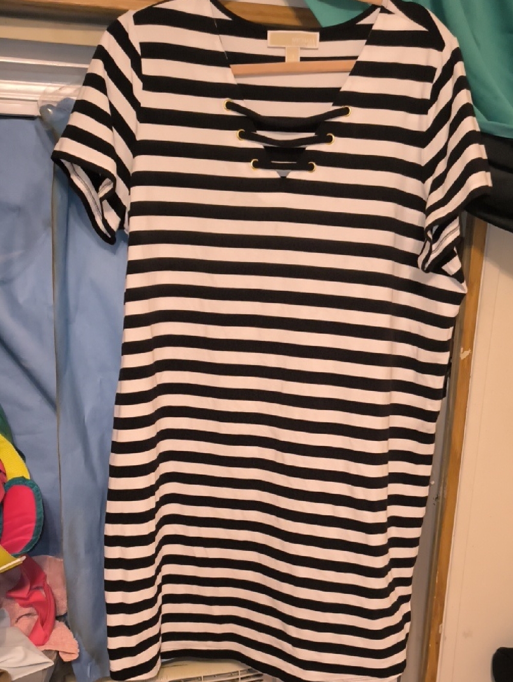 MICHAEL Michael Kors Black & White Striped Lace-Up Top with Gold Grommets